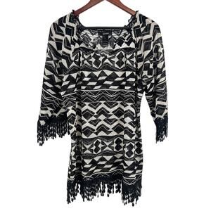Ali Miles Womens Size Large Womens Black White Knit Blouse Shirt Top Boho Party